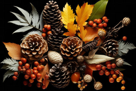 Pine cone autumn forest composition on dark background. Seasonal decoration conceptの素材