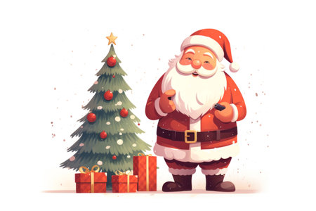 Happy Christmas Santa Claus with New Year tree and present girt boxes retro colours card. Winter holiday conceptの素材