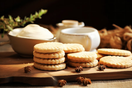 Vanilla biscuit cookie dessert for tea coffee milk closeup shot on wooden background. Homemade bakery conceptの素材