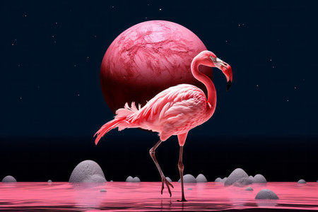 Pink flamingo standing in water on futuristic cosmic space background with big planet in universe sky. Fantasy bird conceptの素材