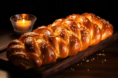 Sweet traditional braided bread with crispy brown crust and sesame on wooden background. Homemade bakery conceptの素材