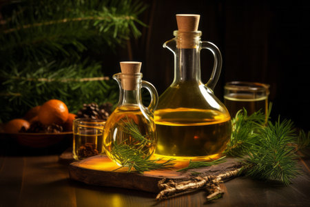 Glass bottle with spruce oil and fir branches standing on wooden table on black background. Natural extract aroma therapyの素材