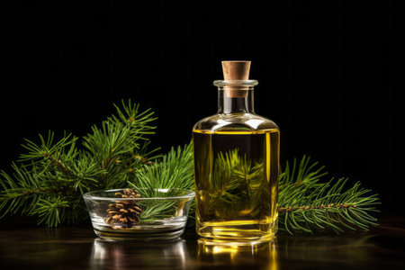 Glass bottle with spruce oil and fir branches with pine cone on black background. Natural spa aroma therapyの素材