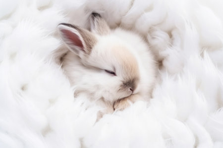 Tiny white beige baby rabbit slipping in furry nest top view lay out. Home pet conceptの素材