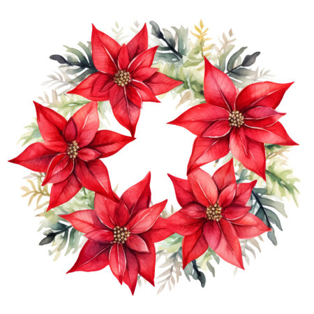 Beautiful watercolor red poinsettia Christmas star flower festive wreath frame border on white backgroundの素材