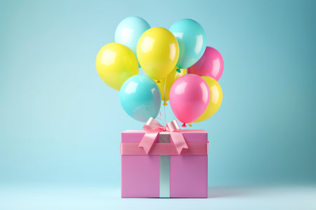 Birthday present gift box with festive helium balloons bunch on teal background. Happy anniversary party surprise packageの素材