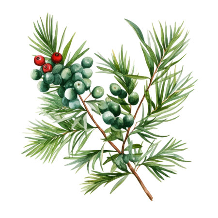 Watercolour pine needle twig with red berries on white background. Holiday conceptの素材
