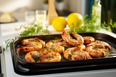 Grilled shrimps on kitchen table in light interior. Homemade cooking conceptの素材