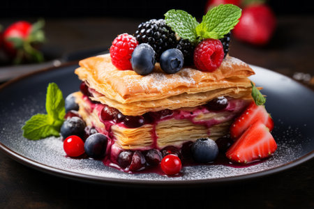 Delicious berry pastry cream cake of layered crisp dough and sugar powder on black plate. Homemade bakery conceptの素材