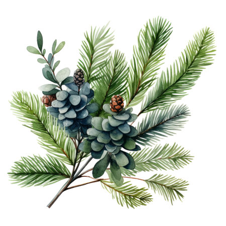 Watercolor painting of New Year evergreen tree branch on white backdrop. Winter holiday celebrationの素材