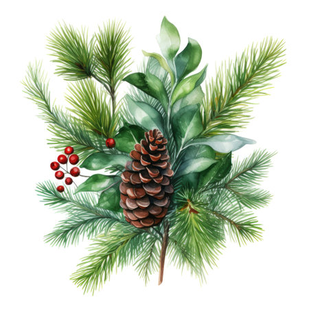 Elegance of watercolor pine branch illustration with cone and berry isolated on white. Winter holidays conceptの素材