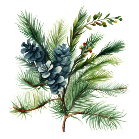 Traditional Christmas greeting card decoration with gentle watercolor pine branch. Winter holidays conceptの素材