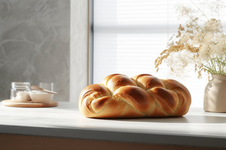 Braided bread with crispy brown crust in light kitchen interior. Homemade bakery conceptの素材