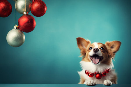 Cheerful smiling chihuahua dog sitting on table with Christmas ornaments decoration on light blue teal background. Winter holidays conceptの素材