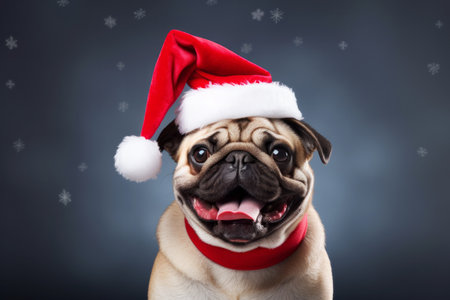 Happy smiling French bulldog dog portrait in Christmas red hat with pompon on snowy background. Winter holidays conceptの素材