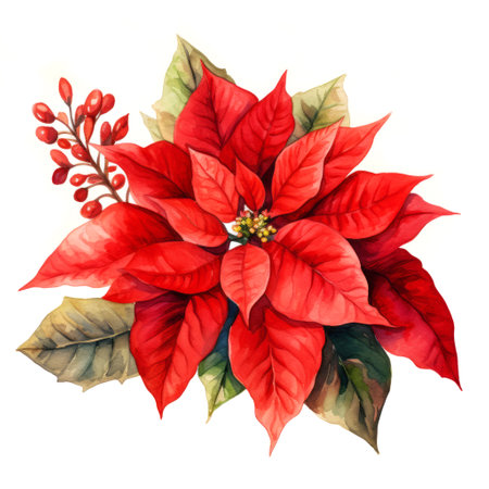 Watercolor illustration of beautiful poinsettia Christmas star bouquet on white backgroundの素材