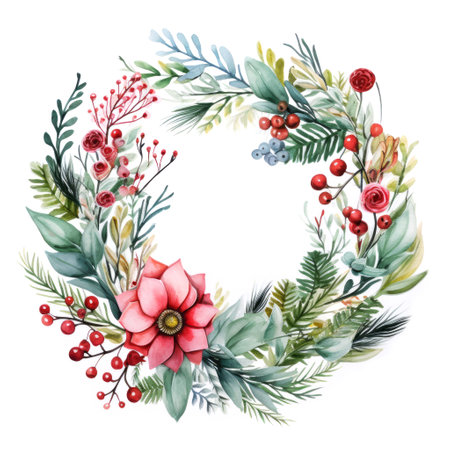 Festive watercolor wreath of poinsettia winter berry and evergreen fir pine branches on white backgroundの素材
