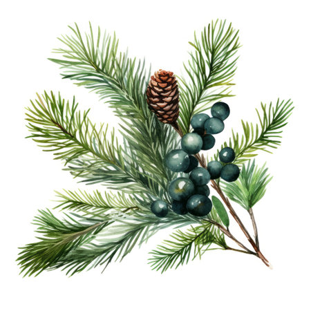 Festive watercolor illustration of pine spruce branch perfect for Christmas decor on white background. Winter holidays conceptの素材
