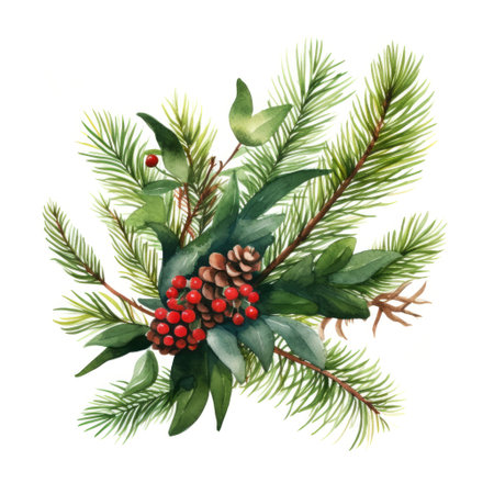Capture the beauty of holidays with watercolor pine branch adorned with red berries and pinecones. Winter conceptの素材