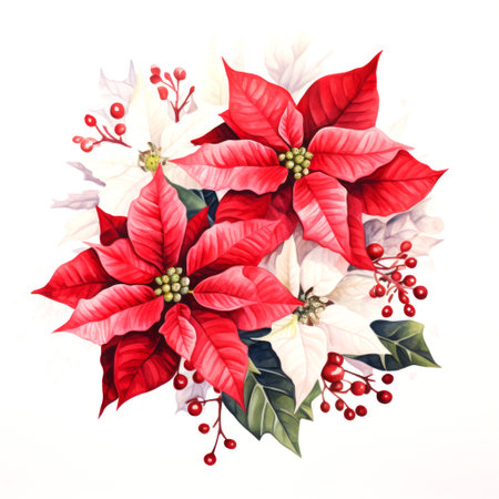 Festive watercolor painting of a poinsettia branch Christmas or holiday decorations on white backgroundの素材