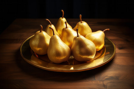 Delicious eco organic golden pear fruits with water drops in plate on wooden table. Autumn harvest conceptの素材