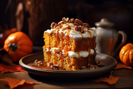 Delicious pumpkin cake with creamy filling walnuts and honey syrup on wooden table in rustic kitchen interior. Homemade pastry conceptの素材