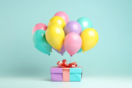Colourful present gift box with festive helium balloons bunch on minimal background. Happy anniversary party surprise packageの素材
