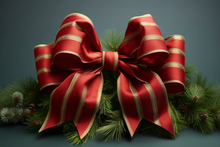 Vibrant red ribbon with golden stripes elegantly tied into a bow on backdrop of pine branches and cones on a muted teal background. Christmas holiday conceptの素材