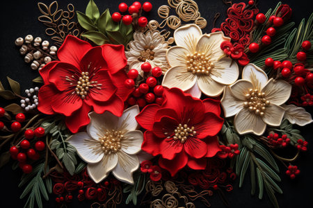 Vibrant Christmas floral bouquet in tapestry embroidery 3d style with red and white flower blossoms on a dark background. Winter holidays conceptの素材