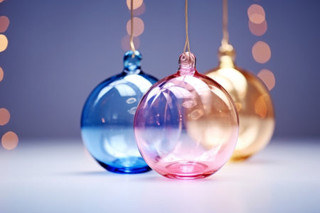 Translucent Christmas baubles in soft hues radiate a serene glow against a twinkling light backdrop. Winter holidays conceptの素材