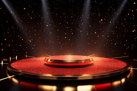 Golden red stage base with bright spotlight rays in night concert hall on shimmering background. Music award conceptの素材