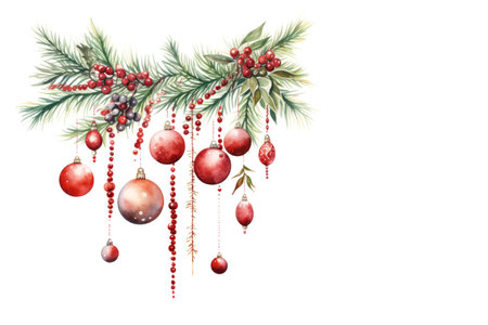 Watercolor art painting of the holiday season pine branches berries beads and festive decorations on white banner background. Christmas conceptの素材