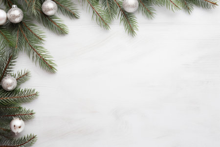 Top view flat lay white snowy Xmas background with green fir pine twigs branches and silver ornaments copy space greeting card winter holiday conceptの素材