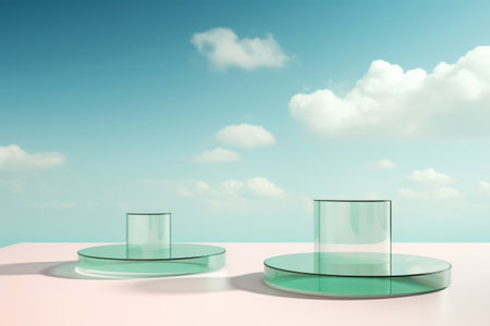 Transparent green glass cylinder pedestal in 3d style on blue sky with clouds background. Product advertisement conceptの素材