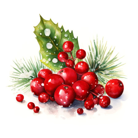 Watercolour painting of red winter berry and pine branch on white background. Holidays decoration conceptの素材