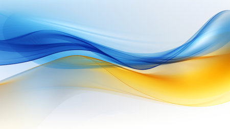 Abstract blue yellow waves design with smooth curves and soft shadows on clean modern background. Fluid gradient motion of dynamic lines on minimal backdropの素材