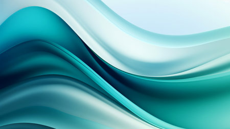 Abstract clean peppermint blue waves design with smooth curves and soft shadows on clean modern background. Fluid gradient motion of dynamic lines on minimal backdropの素材