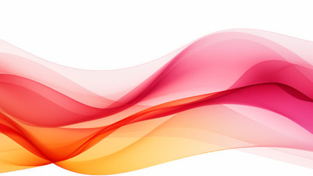 Abstract transparent hot pink orange waves design with smooth curves and soft shadows on clean modern background. Fluid gradient motion of dynamic lines on minimal backdropの素材