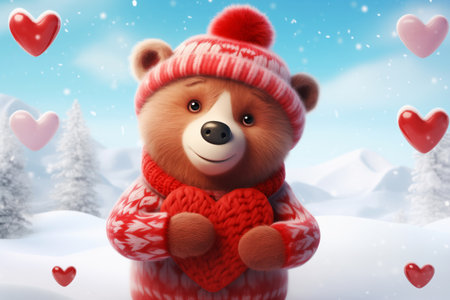 Cute smiling bear in winter hat and sweater holding big red heart on winter snow landscape background. Saint Valentine's Day conceptの素材