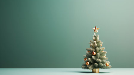 Christmas tree with star and ornaments on minimal green background. Empty space for text banner greeting cardの素材