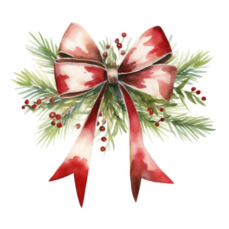 A watercolor painting of a red and white Christmas bow with pine branches and berries. Winter happy holidays conceptの素材