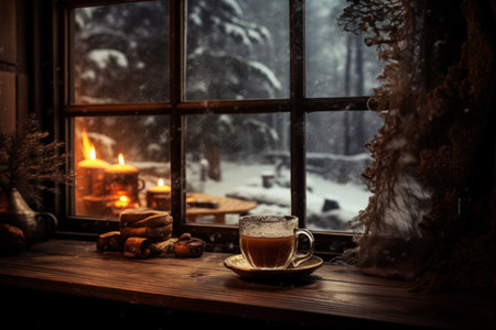 A steaming cup of coffee on a wooden windowsill with a snowy winter scene outside. Cozy evening conceptの素材