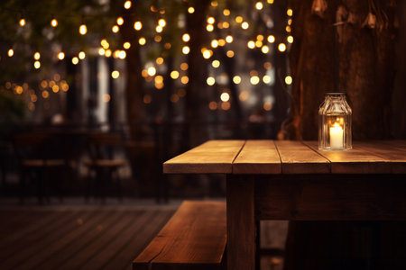 Wooden cafe restaurant empty table with candle outdoor terrace on blurred evening bokeh lights background. Cozy dinner conceptの素材