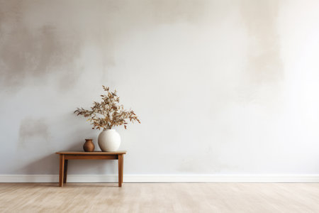Home interior mock up of living room with wooden table and clay vase on light empty wall minimal banner. Scandinavian living designの素材