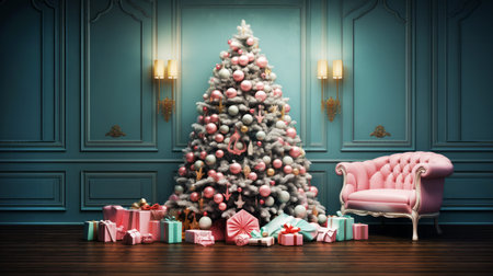 An elegant teal-walled room with a tufted retro couch and a Christmas tree with gift boxes and pink silver ornaments. Winter holiday conceptの素材