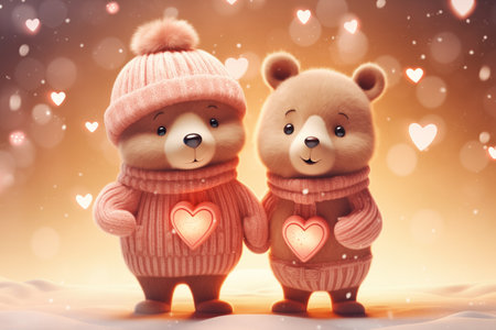 Two bears in pink winter clothes with hearts against a snowy glowing bokeh background. Saint Valentine's Day conceptの素材