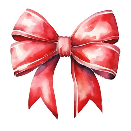A watercolor illustration of a red bow with highlights and shadows on white background. Happy holidays conceptの素材