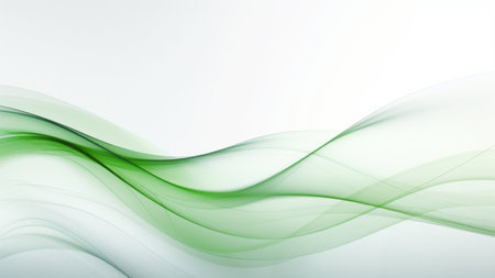 Abstract elegant green waves design with smooth curves and soft shadows on clean modern background. Fluid gradient motion of dynamic lines on minimal backdropの素材