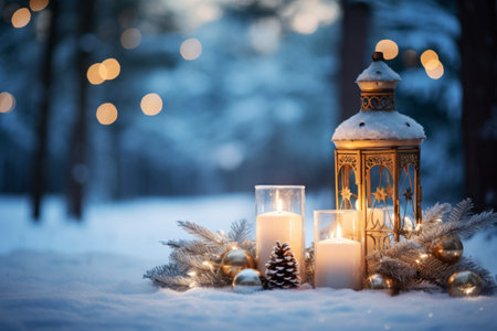 An outdoor winter scene with a lantern, candles, and holiday ornaments in the snow. Winter happy holidays conceptの素材