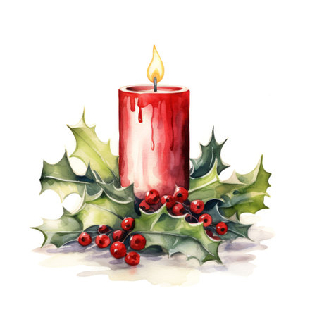 Lid watercolour red candle with evergreen foliage and holly berries on white background. Merry Christmas conceptの素材